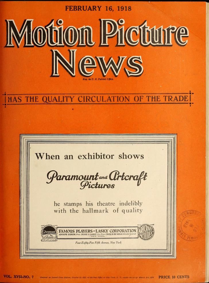 MOTION PICTURE NEWS magazine side cover 16 February 1918