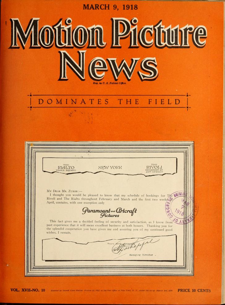 MOTION PICTURE NEWS magazine side cover 9 March 1918