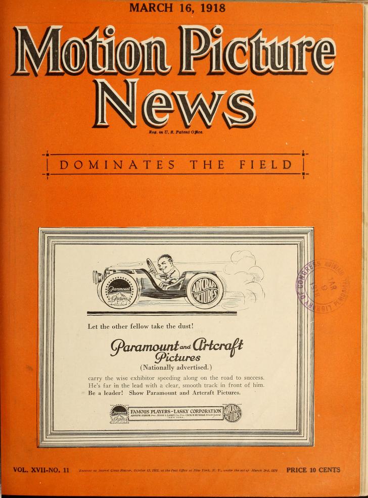 MOTION PICTURE NEWS magazine side cover 16 March 1918