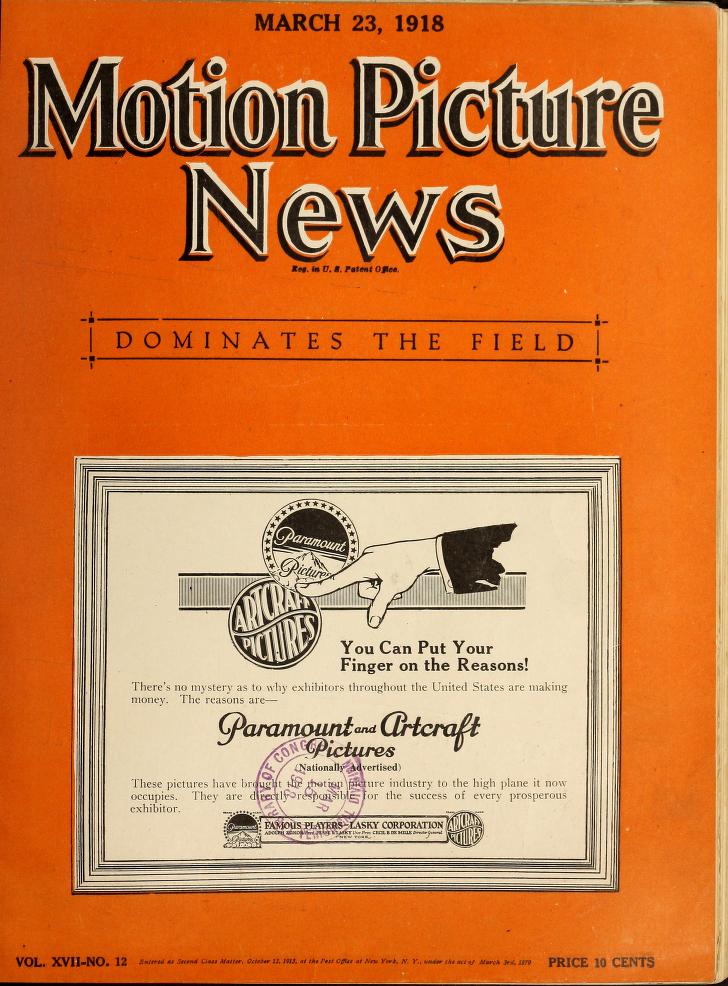MOTION PICTURE NEWS magazine side cover 23 March 1918