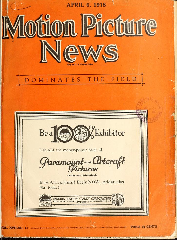 MOTION PICTURE NEWS magazine side cover 6 April 1918