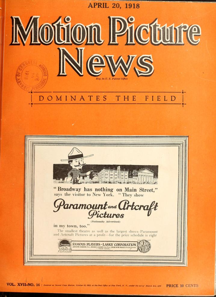 MOTION PICTURE NEWS magazine side cover 20 April 1918