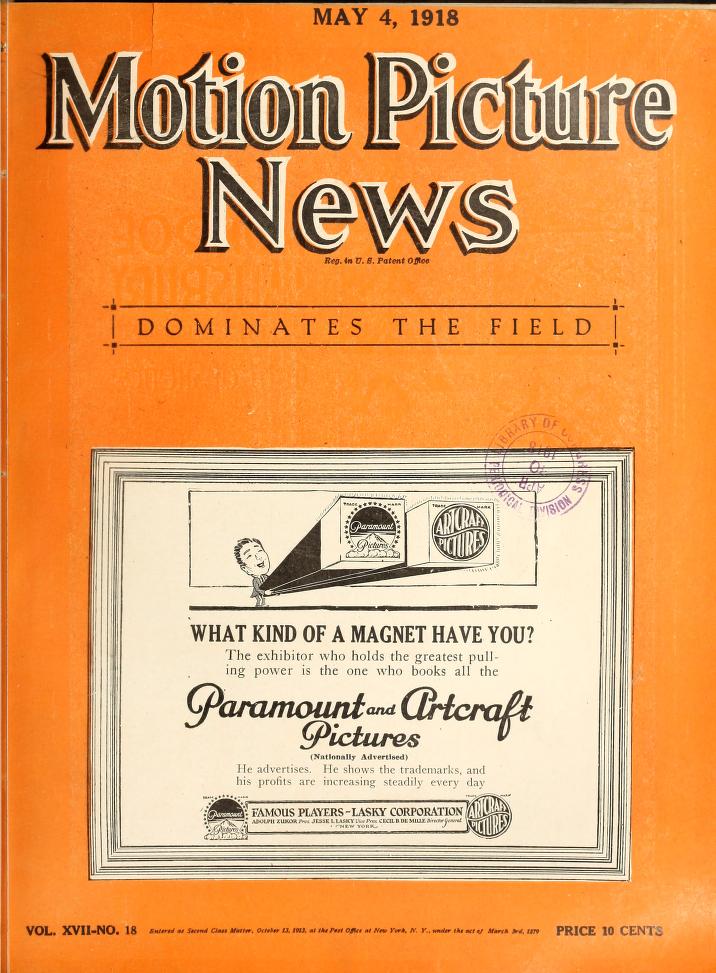 MOTION PICTURE NEWS magazine side cover 4 May 1918