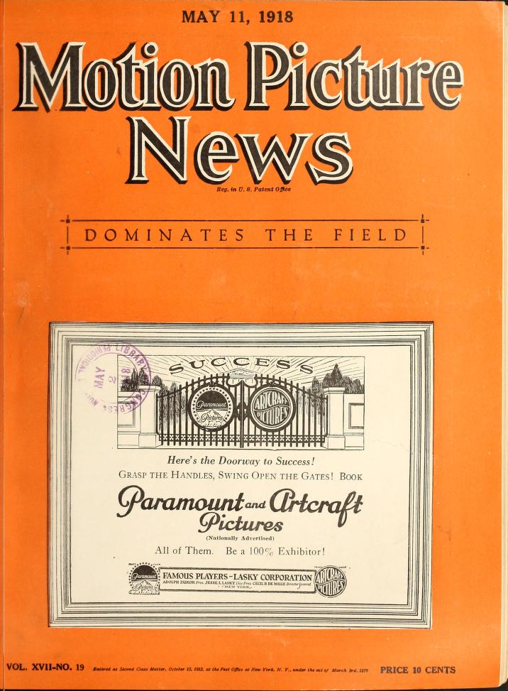 MOTION PICTURE NEWS magazine side cover 11 May 1918