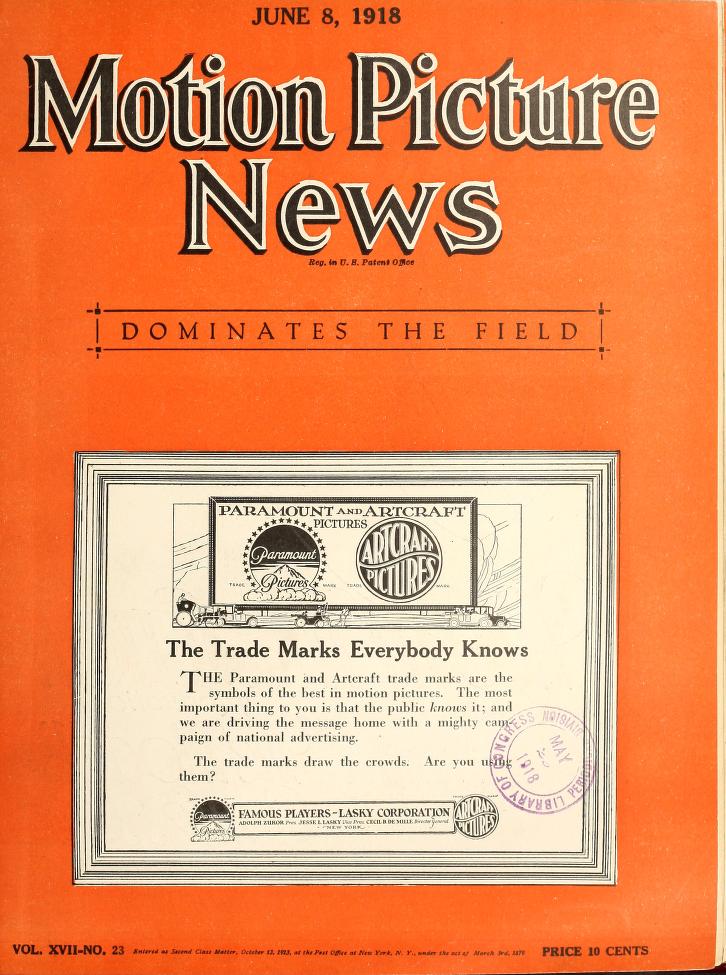 MOTION PICTURE NEWS magazine side cover 8 June 1918