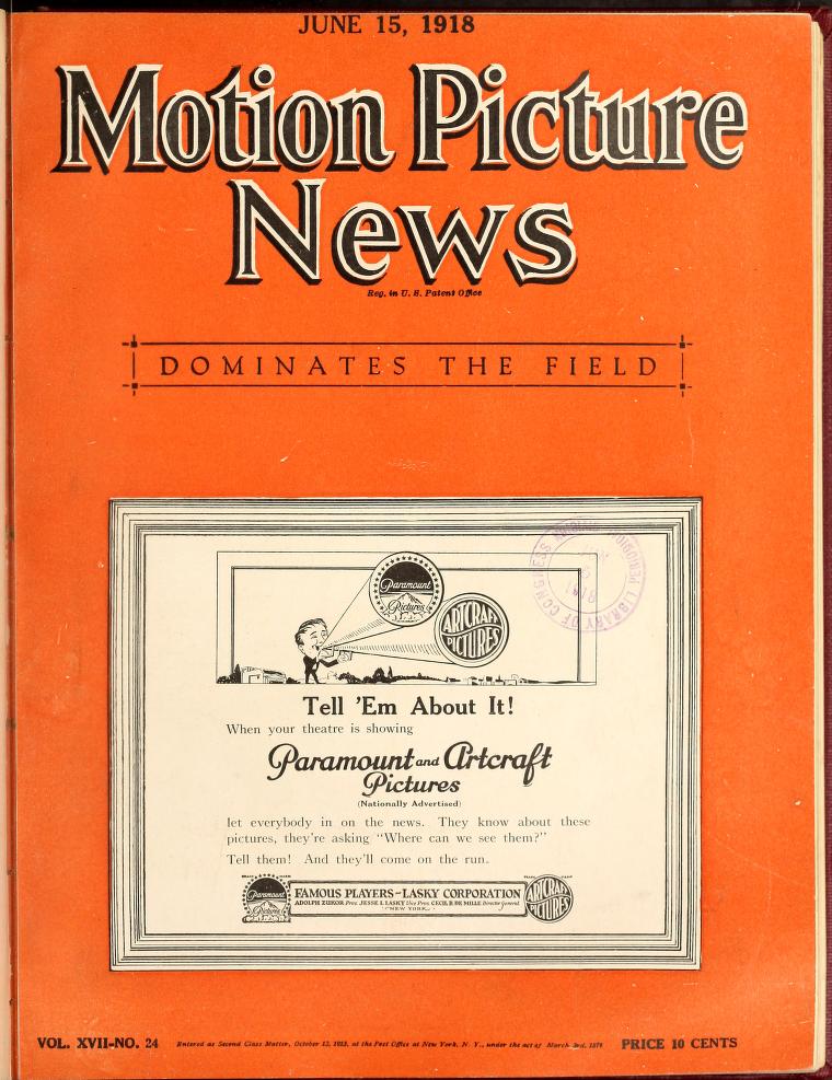 MOTION PICTURE NEWS magazine side cover 15 June 1918