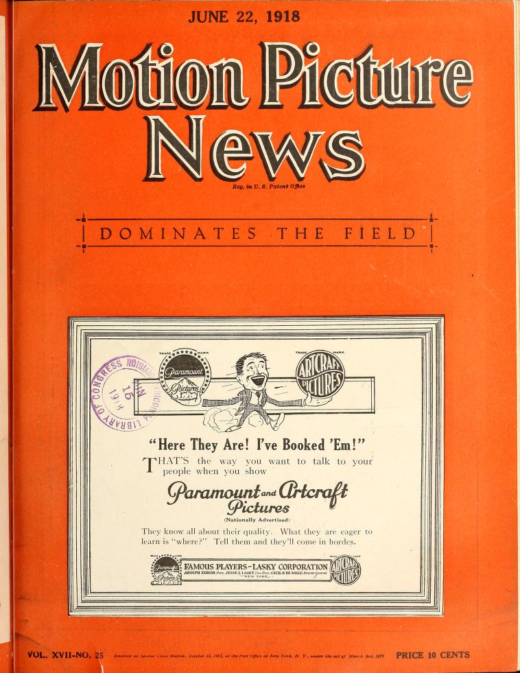 MOTION PICTURE NEWS magazine side cover 22 June 1918