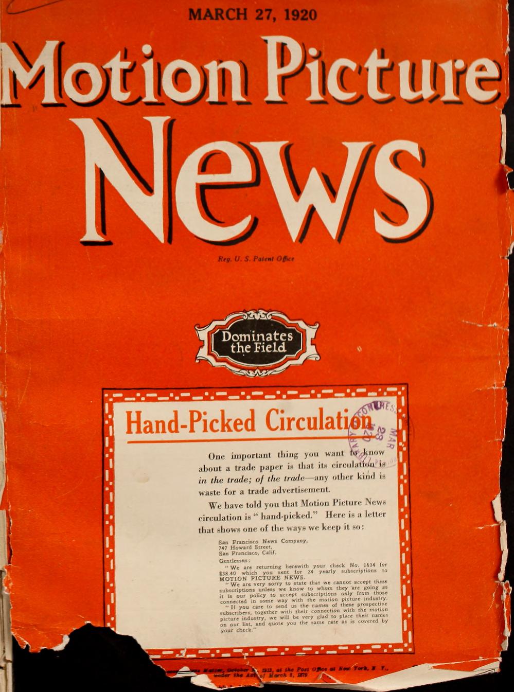 MOTION PICTURE NEWS magazine side cover 27 March 1920