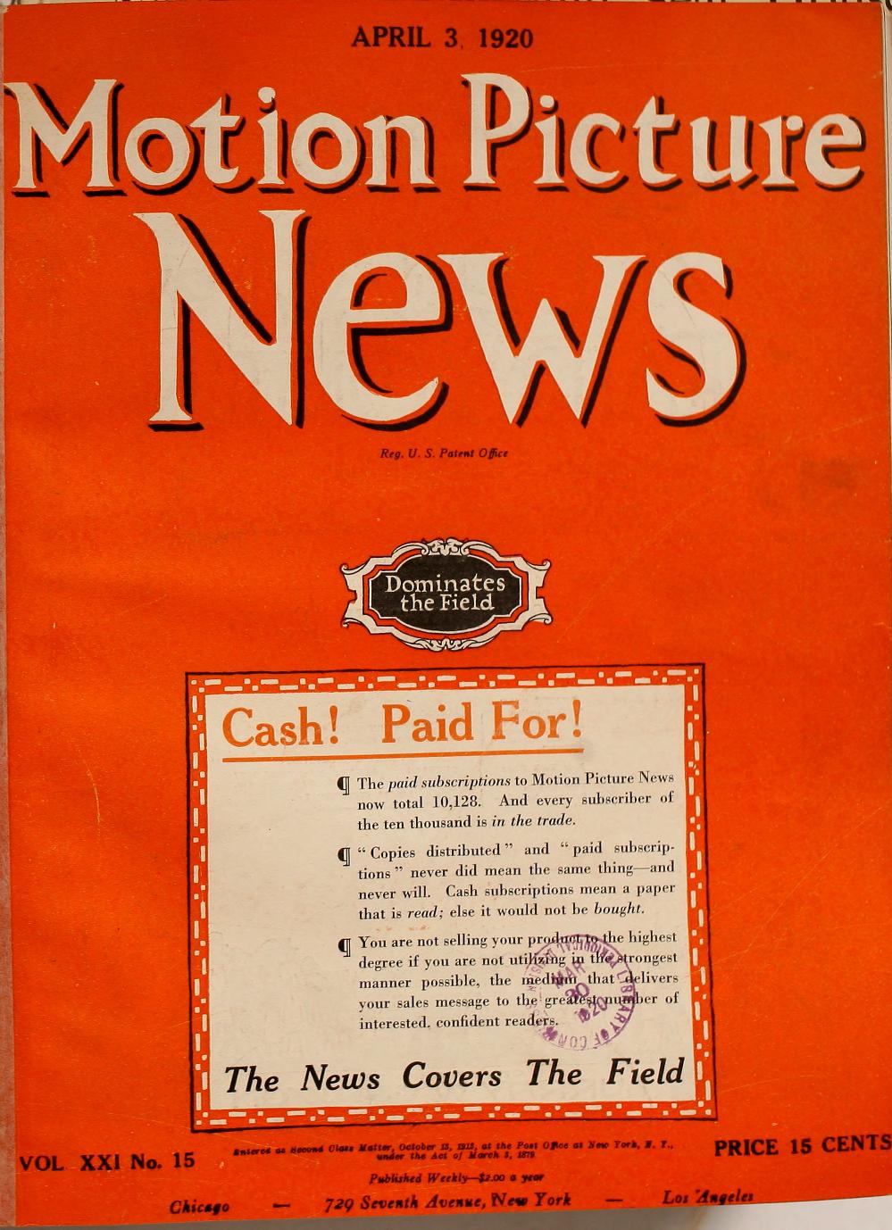MOTION PICTURE NEWS magazine side cover 3 April 1920