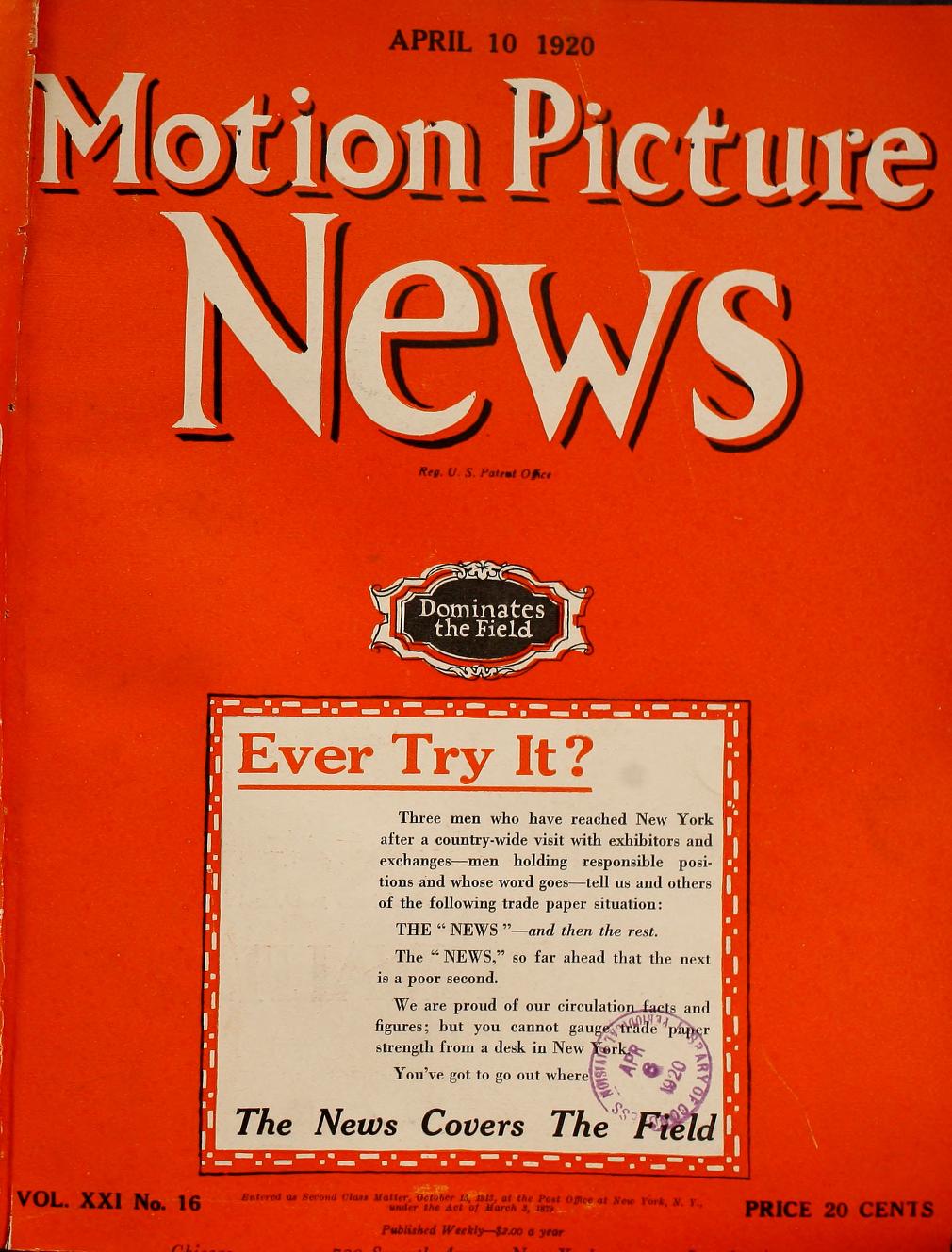 MOTION PICTURE NEWS magazine side cover 10 April 1920
