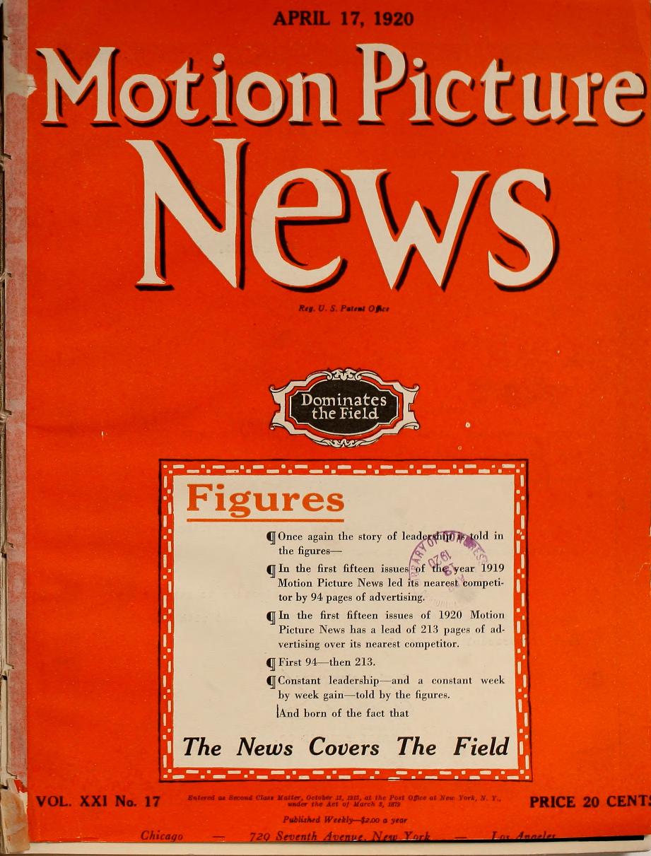MOTION PICTURE NEWS magazine side cover 17 April 1920