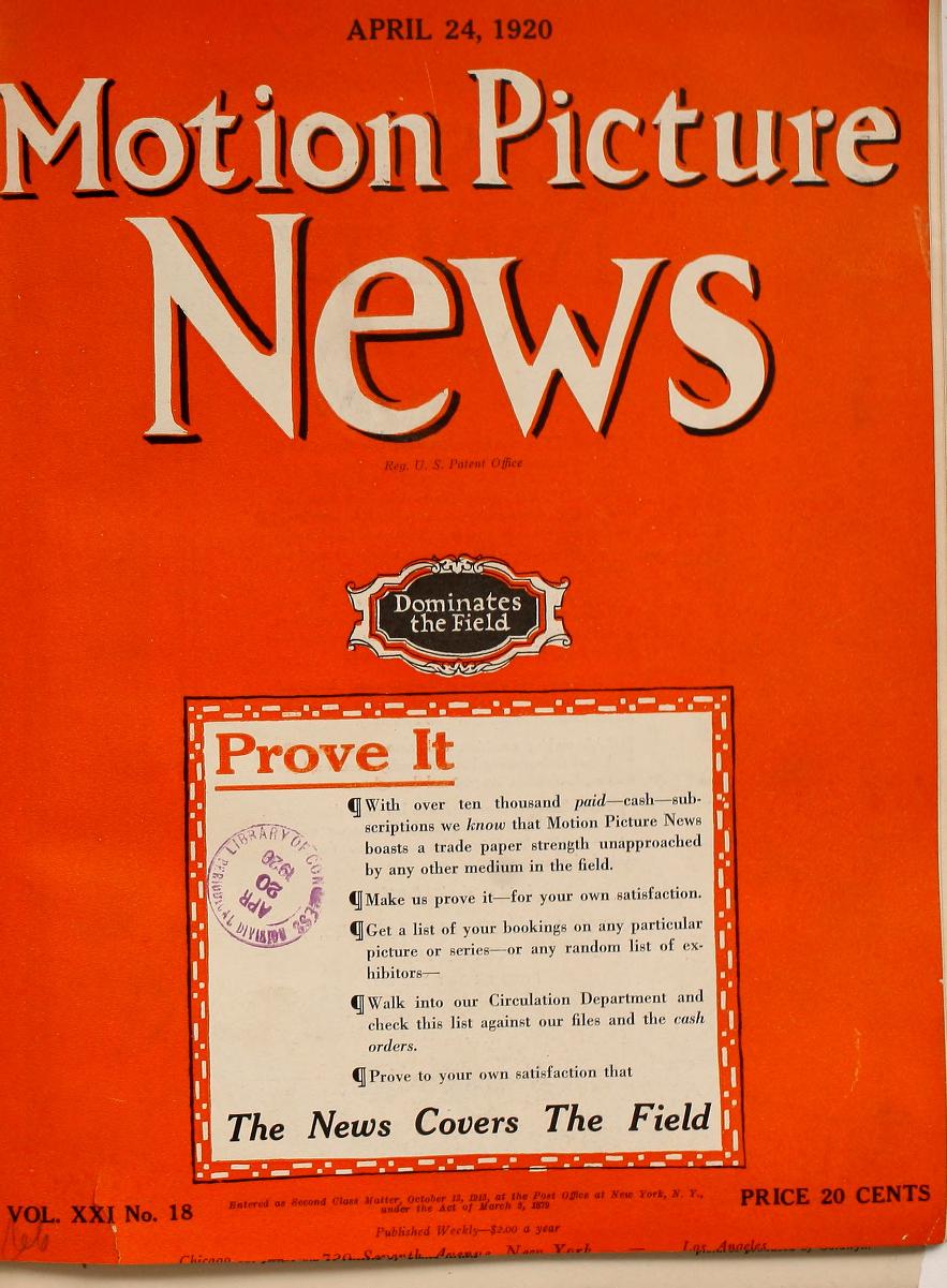 MOTION PICTURE NEWS magazine side cover 24 April 1920