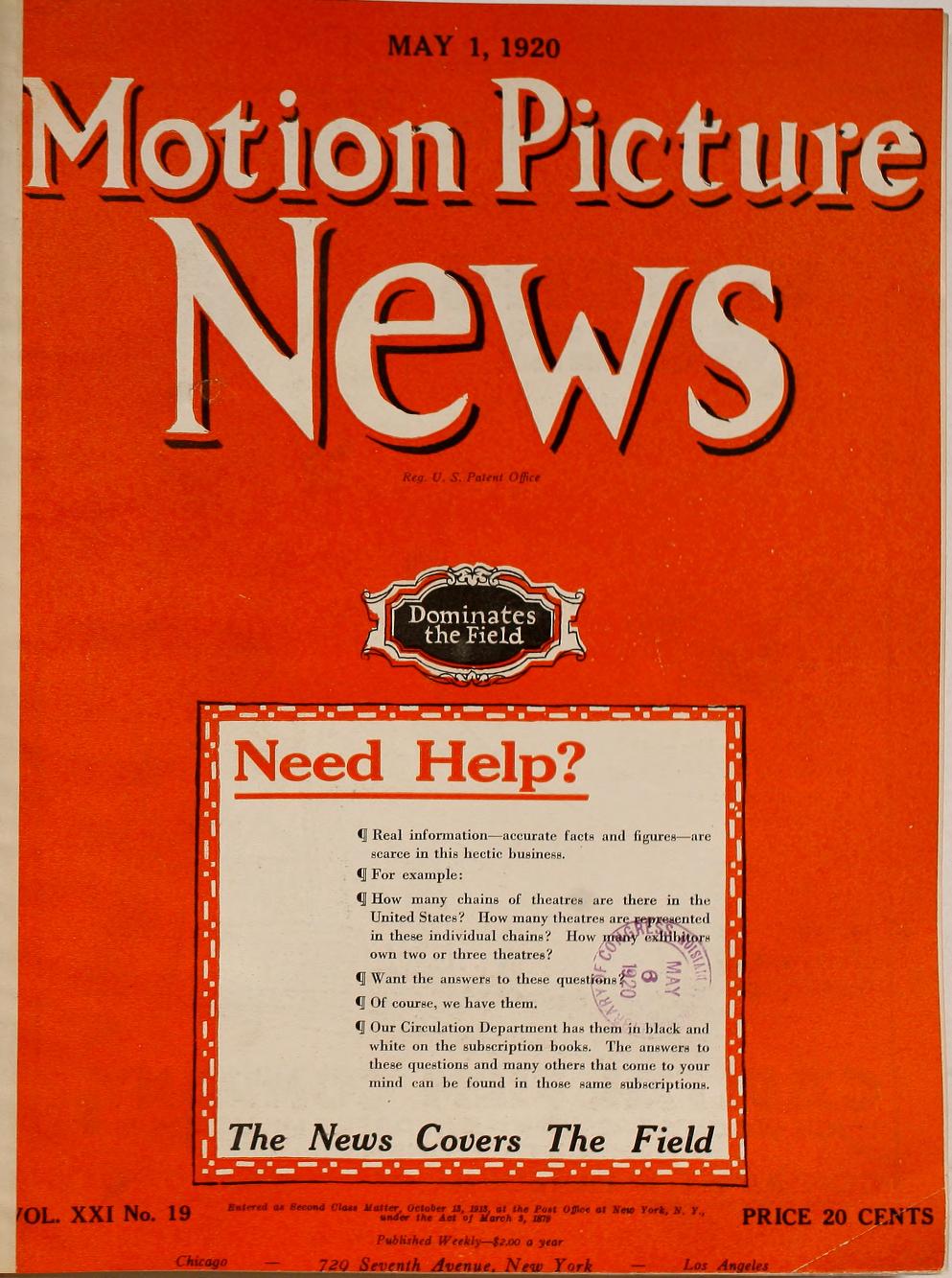 MOTION PICTURE NEWS magazine side cover 1 May 1920