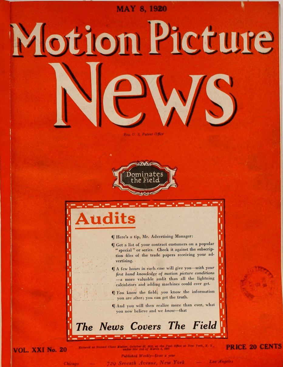 MOTION PICTURE NEWS magazine side cover 8 May 1920