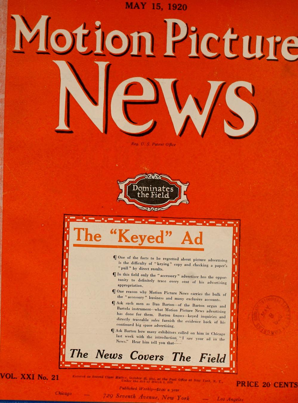 MOTION PICTURE NEWS magazine side cover 15 May 1920