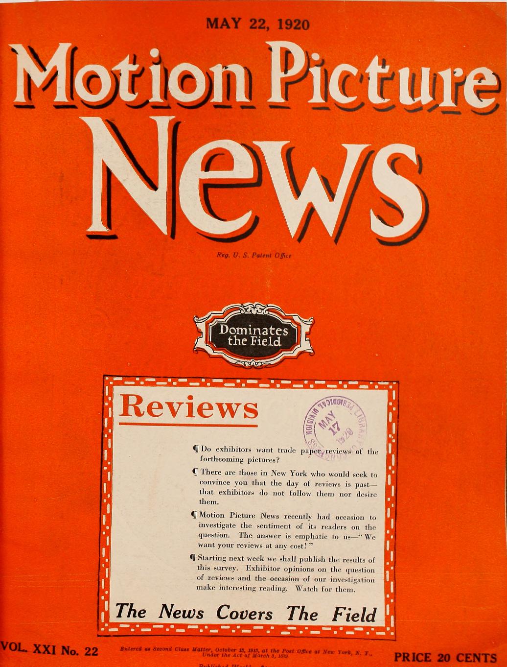 MOTION PICTURE NEWS magazine side cover 22 May 1920