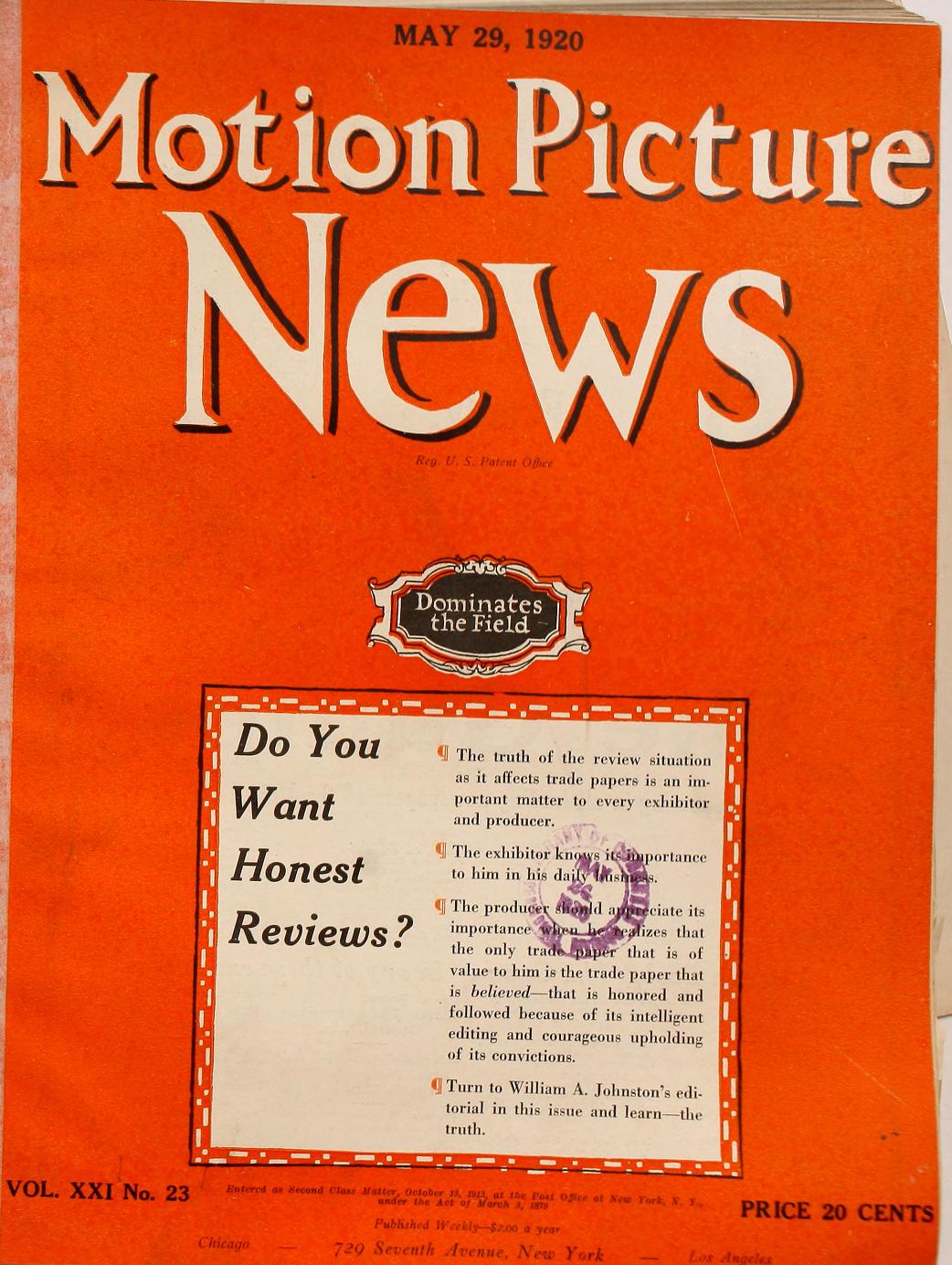 MOTION PICTURE NEWS magazine side cover 29 May 1920