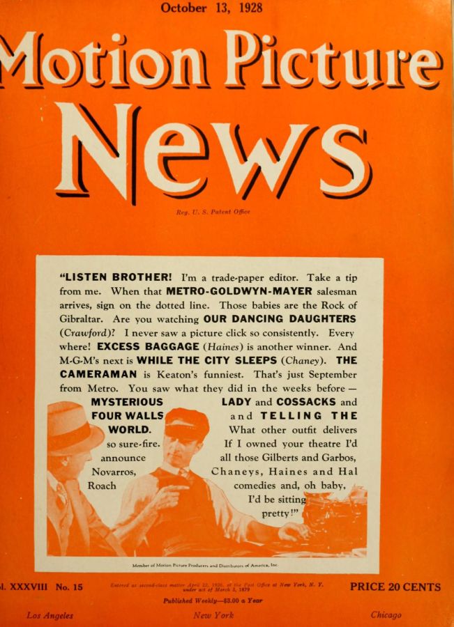 MOTION PICTURE NEWS magazine side cover 13 October 1928