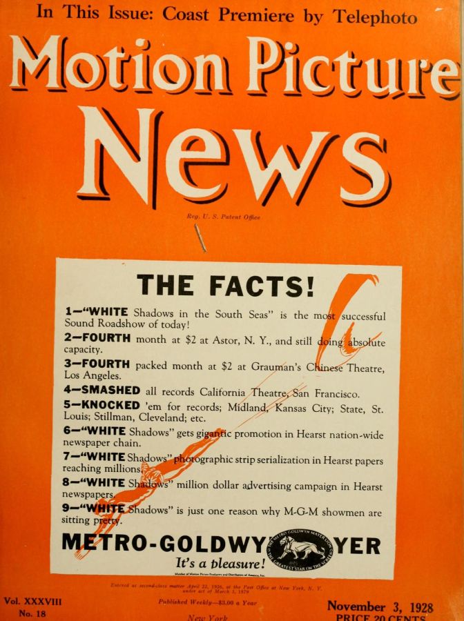 MOTION PICTURE NEWS magazine side cover 3 November 1928