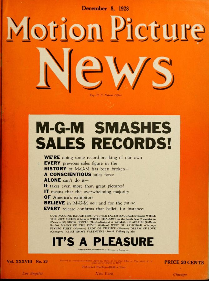MOTION PICTURE NEWS magazine side cover 8 December 1928