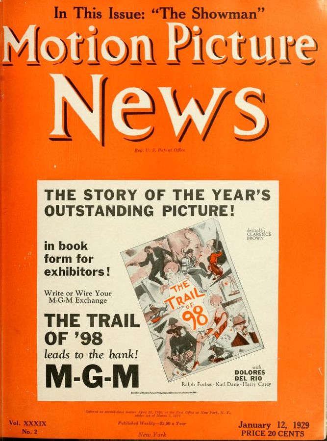 MOTION PICTURE NEWS magazine side cover 12 January 1929
