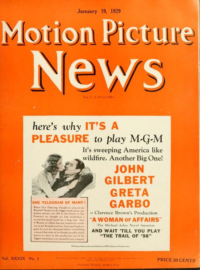 MOTION PICTURE NEWS magazine side cover 19 January 1929
