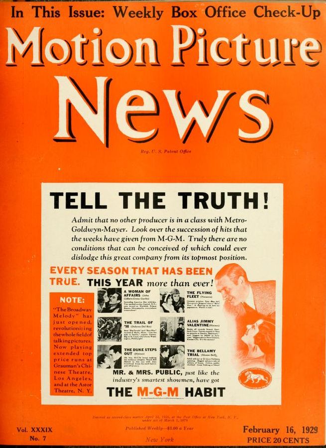 MOTION PICTURE NEWS magazine side cover 16 February 1929