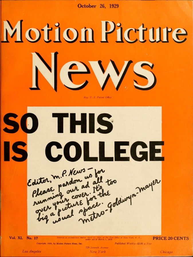 MOTION PICTURE NEWS magazine side cover 26 October 1929