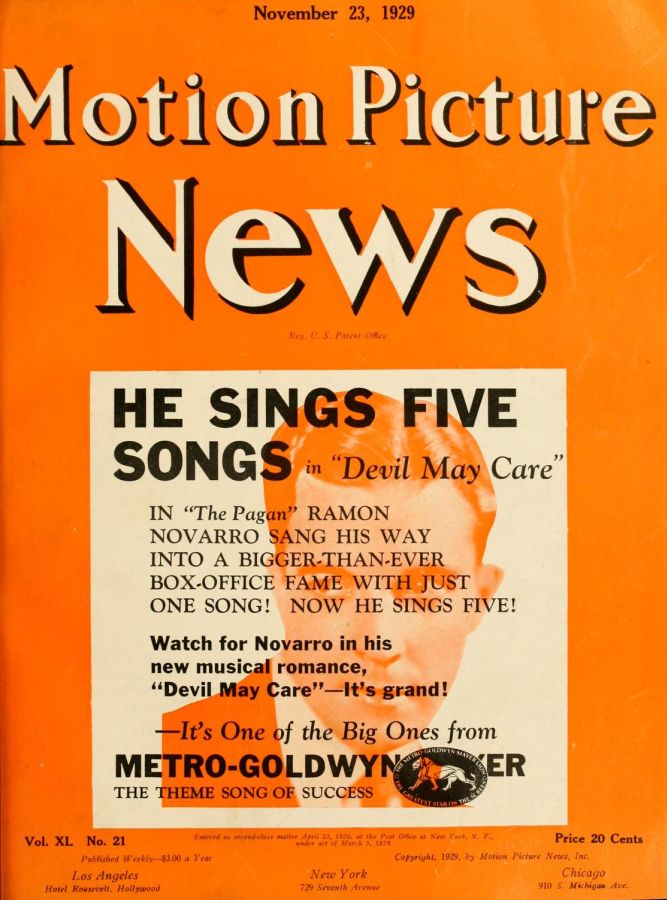 MOTION PICTURE NEWS magazine side cover 23 November 1929