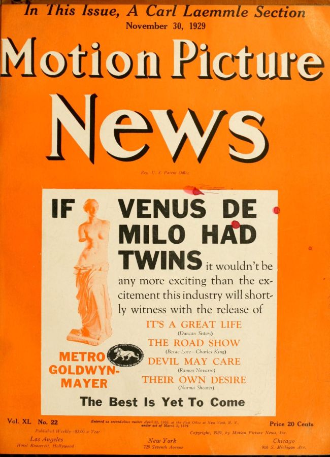 MOTION PICTURE NEWS magazine side cover 30 November 1929