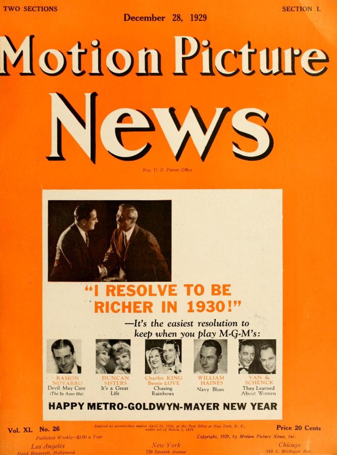 MOTION PICTURE NEWS magazine side cover 28 December 1929