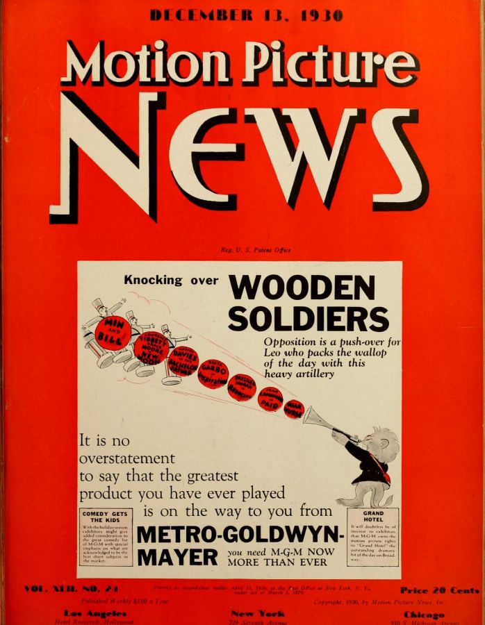 MOTION PICTURE NEWS magazine side cover 13 December 1930
