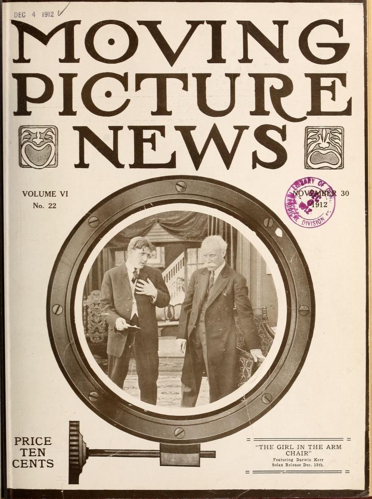 MOTION PICTURE NEWS magazine side cover 30 November 1912