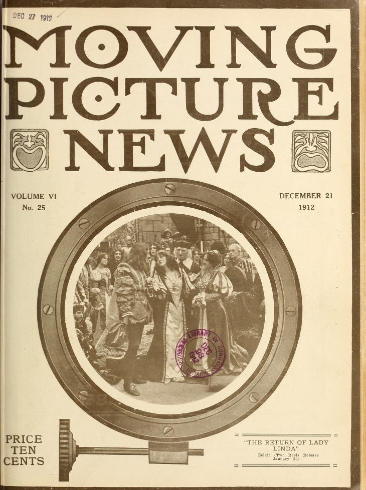 MOTION PICTURE NEWS magazine side cover 21 December 1912