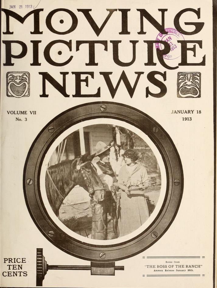 MOTION PICTURE NEWS magazine side cover 18 January 1913