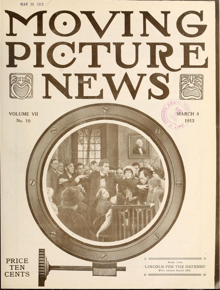 MOTION PICTURE NEWS magazine side cover 8 March 1913