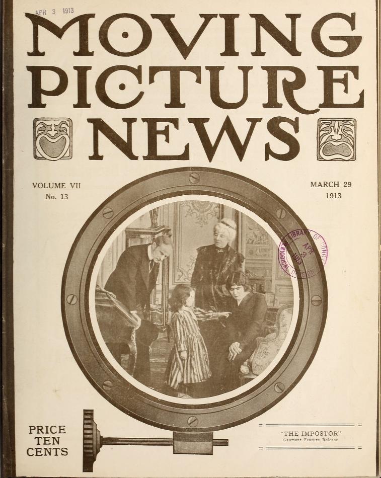 MOTION PICTURE NEWS magazine side cover 29 March 1913