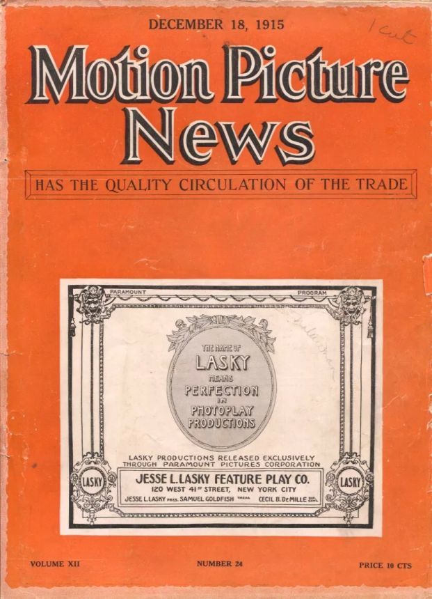 MOTION PICTURE NEWS magazine side cover 18 December 1915