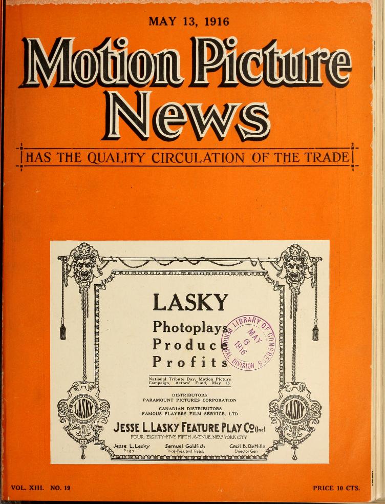 MOTION PICTURE NEWS magazine side cover 13 May 1916