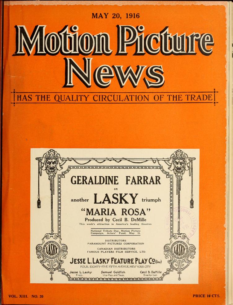 MOTION PICTURE NEWS magazine side cover 20 May 1916