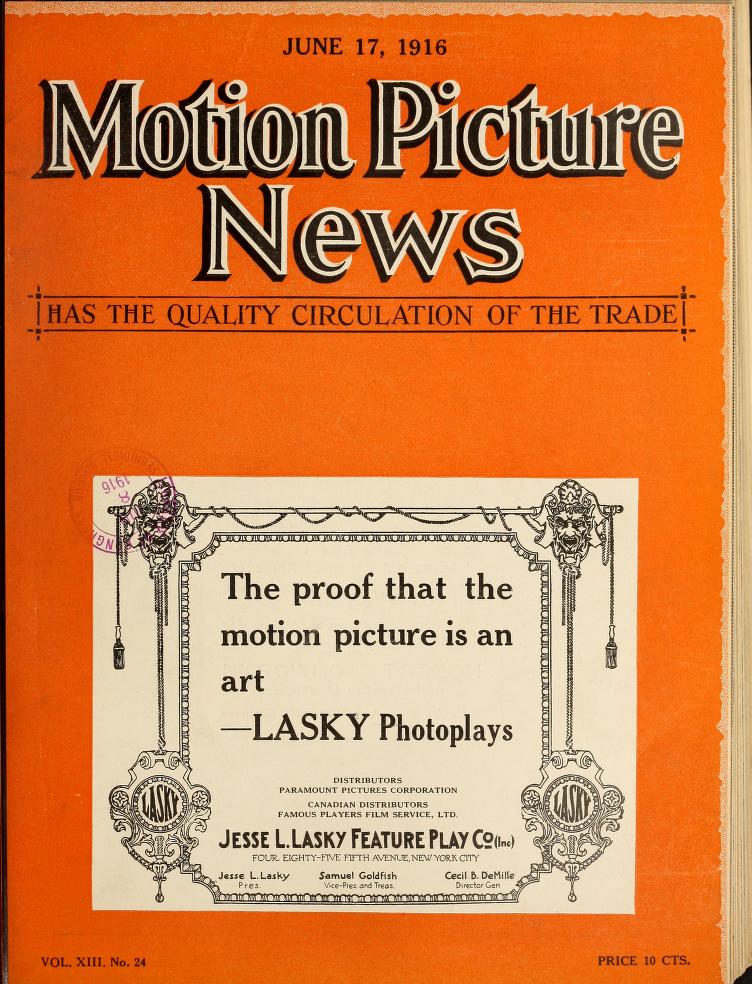 MOTION PICTURE NEWS magazine side cover 17 June 1916