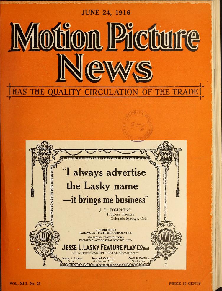 MOTION PICTURE NEWS magazine side cover 24 June 1916
