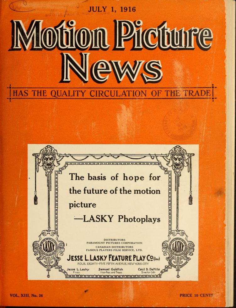 MOTION PICTURE NEWS magazine side cover 1 July 1916