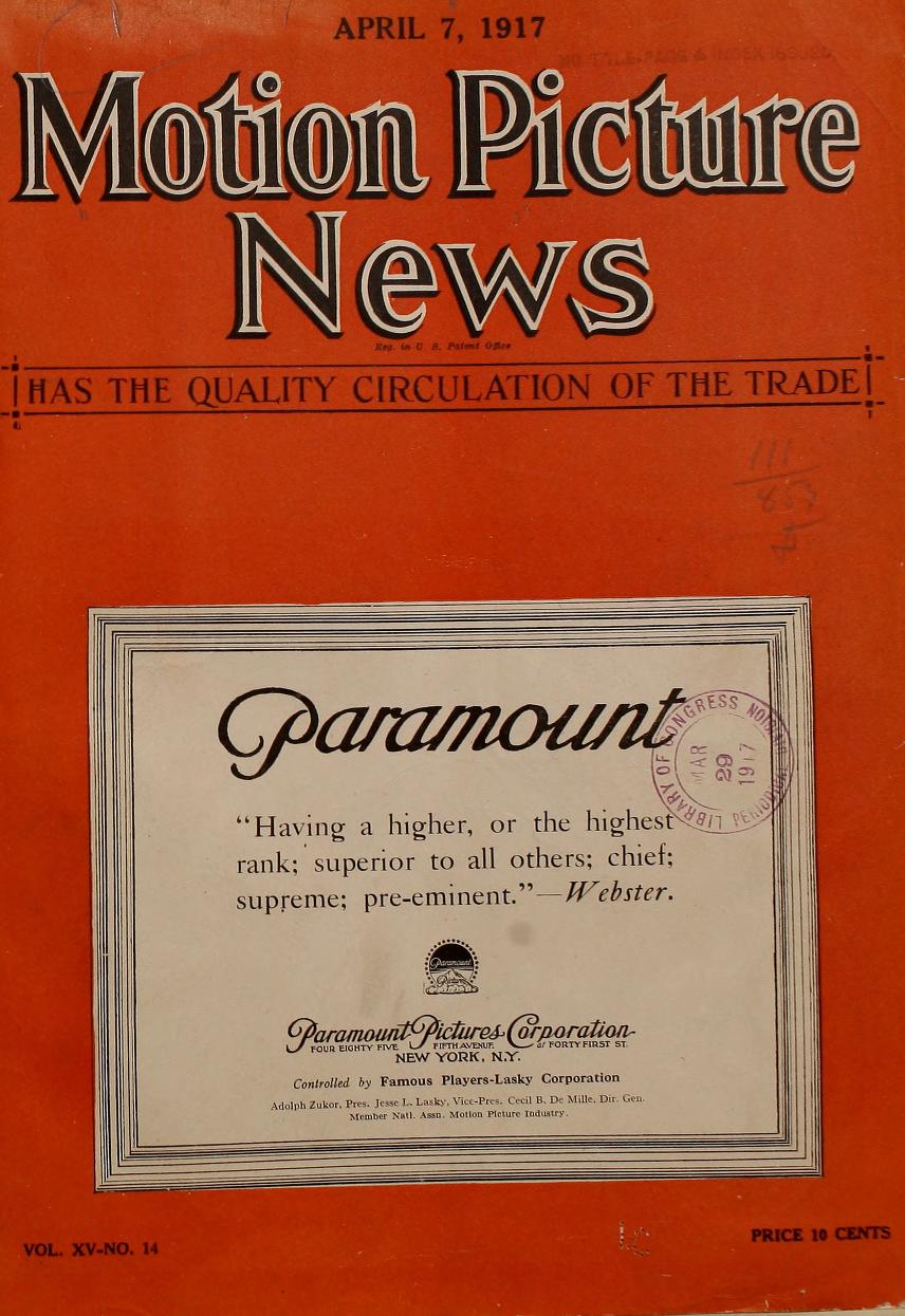 MOTION PICTURE NEWS magazine side cover 7 April 1917