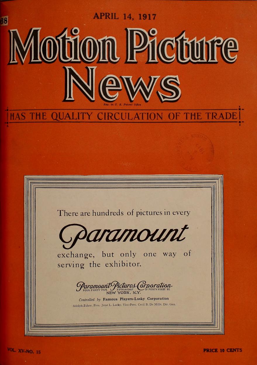MOTION PICTURE NEWS magazine side cover 14 April 1917