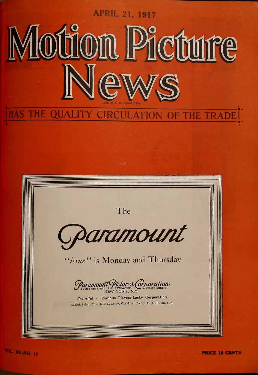 MOTION PICTURE NEWS magazine side cover 21 April 1917
