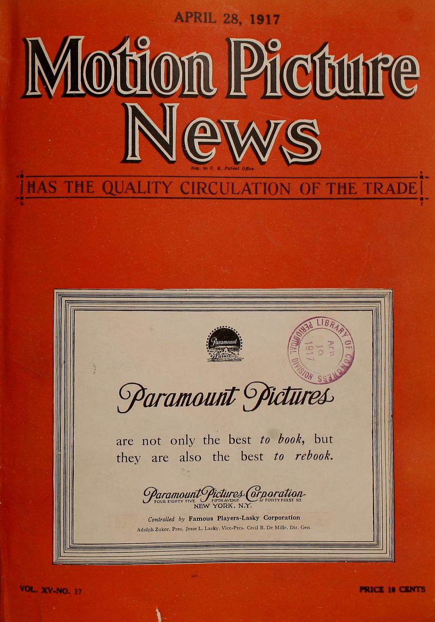 MOTION PICTURE NEWS magazine side cover 28 April 1917