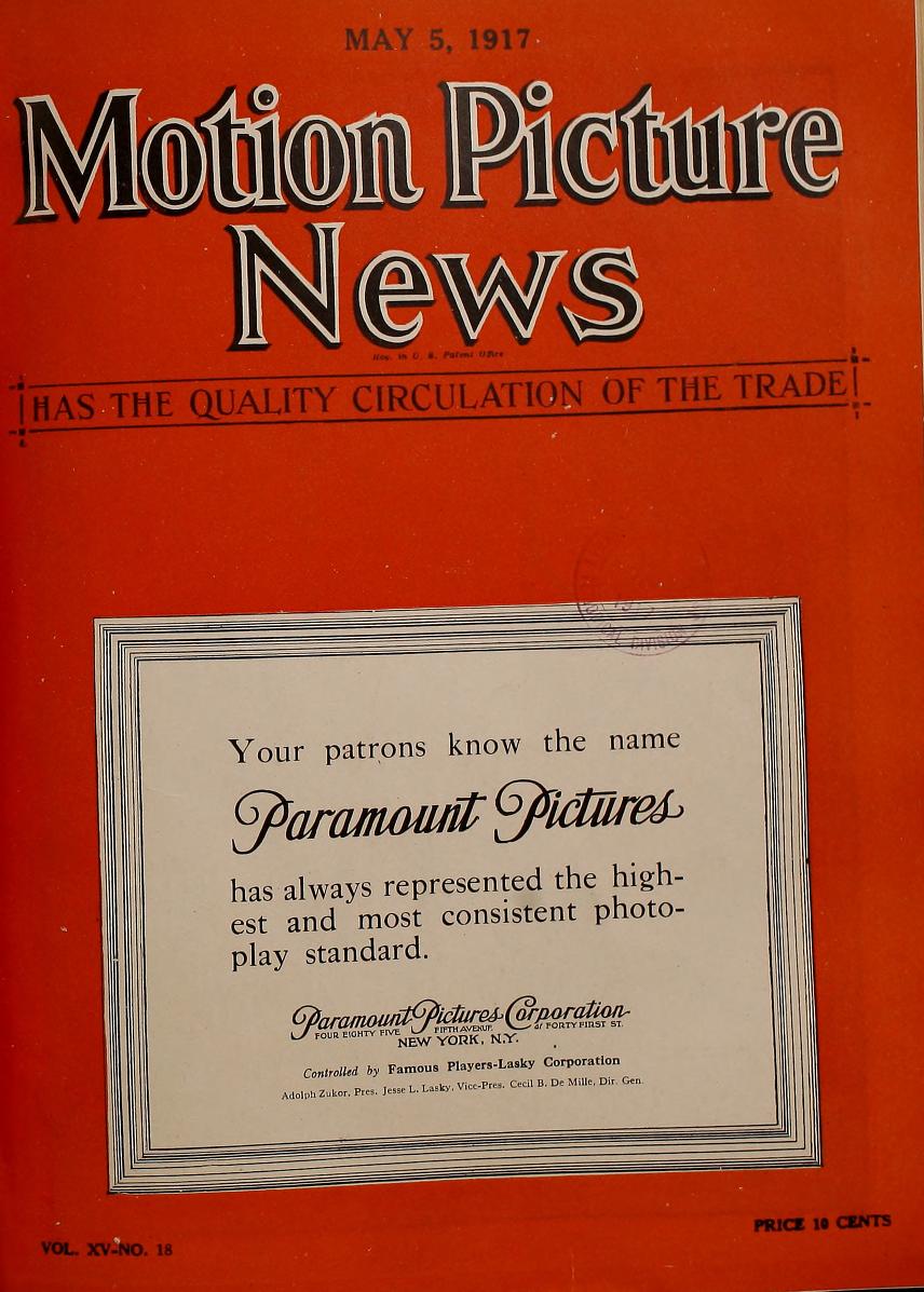 MOTION PICTURE NEWS magazine side cover 5 May 1917