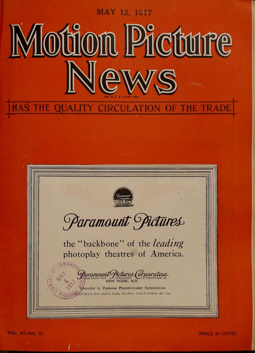 MOTION PICTURE NEWS magazine side cover 12 May 1917