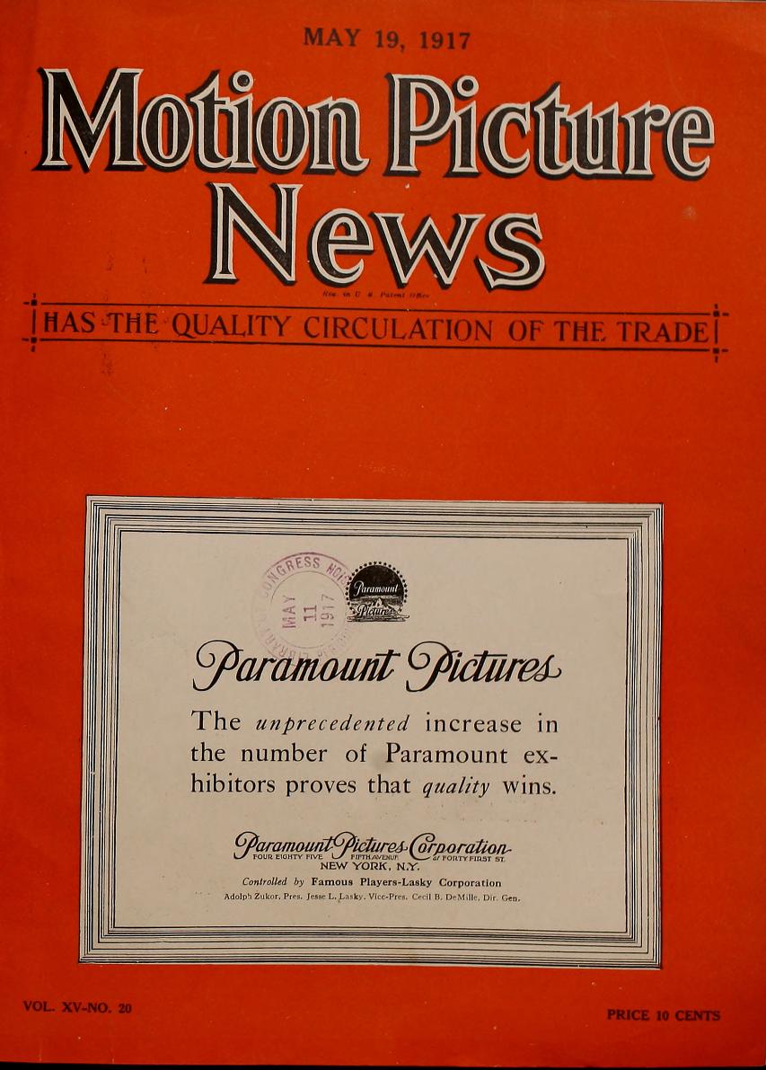 MOTION PICTURE NEWS magazine side cover 19 May 1917